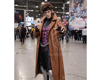 Gambit Cosplay Trench Coat, X-Men Remy LeBeau Costume, Brown Leather Duster Jacket for Halloween & Comic Con