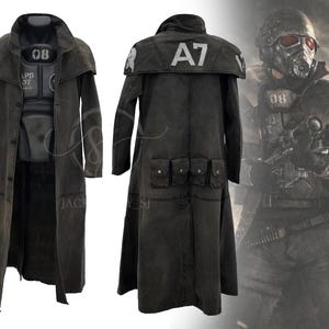 May include: A dark gray, long coat with a wide collar and multiple pockets, part of a costume. The coat has the number "A7" printed on the back and "08" on the chest. The costume includes a chest plate and a matching hood.