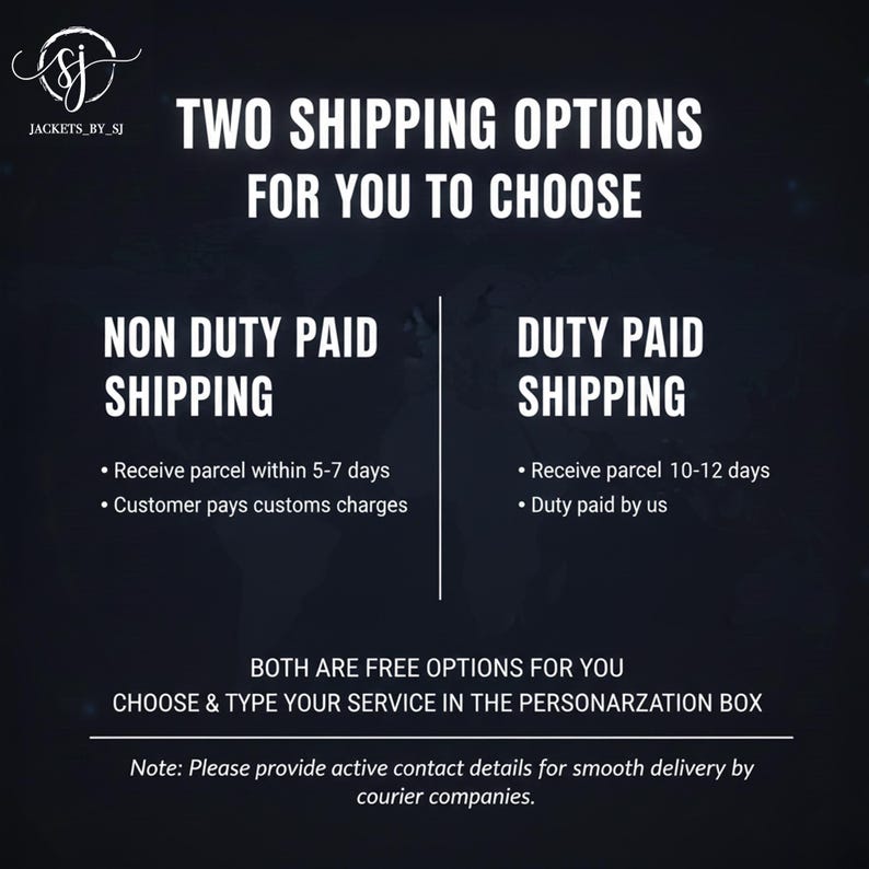 Puede incluir: Imagen con texto: "TWO SHIPPING OPTIONS FOR YOU TO CHOOSE". Las opciones incluyen "NON DUTY PAID SHIPPING" y "DUTY PAID SHIPPING". La imagen tambi&eacute;n incluye el texto "CHOOSE & TYPE YOUR SERVICE IN THE PERSONARZATION BOX".