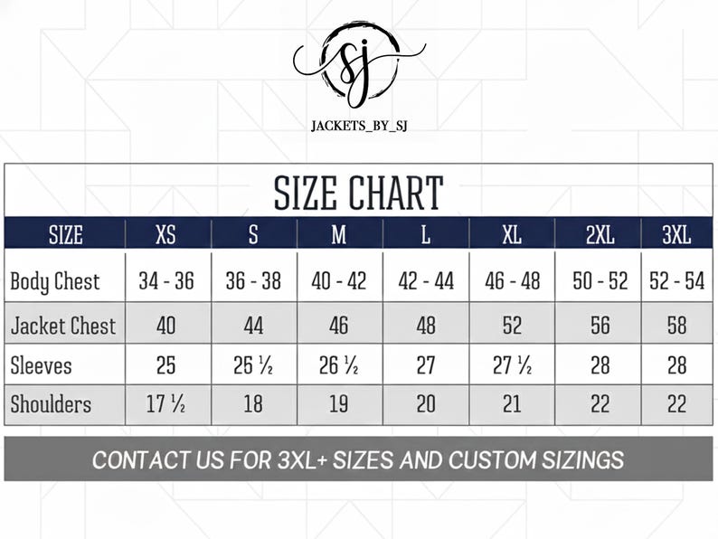 Puede incluir: Tabla de tallas de chaquetas, con medidas en pulgadas. Incluye medidas de pecho, chaqueta, mangas y hombros para tallas XS a 3XL. El logotipo de la marca "JACKETS_BY_SJ" est&aacute; en la parte superior.