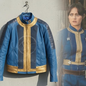 May include: Blue and gold leather jacket with a full-length zipper, ribbed accents, and a stand-up collar. The jacket is hanging on a black hanger. The jacket has a gold trim and a blue body. The jacket is inspired by a video game.