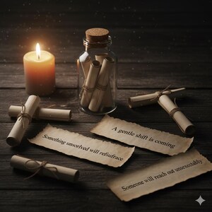 May include: A lit candle next to a glass bottle with a cork stopper, filled with rolled scrolls tied with twine. Scattered around are more scrolls with text: "Something unsolved will resurface", "A gentle shift is coming", and "Someone will reach out unsexectably".