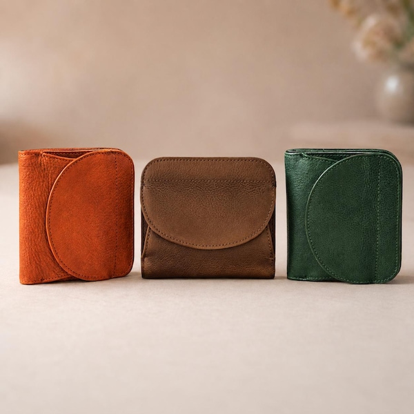 Handmade Cowhide Leather Bifold Wallet Flap Coin Pocket Slim Card Holder Compact Wallet Gift