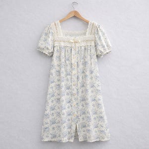 Korean Blueberry Floral Cotton Gauze Nightdress, Lace Trim Puff Sleeve Sleepwear