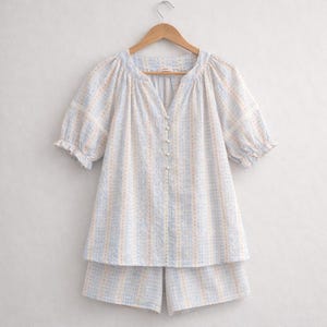 Stripe Floral Cotton Pajama Set, Pearl Button Lace Korean Style Sleepwear