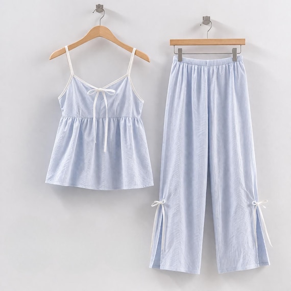 Korean Cotton Pajama Set, Striped Ribbon Cami and Pants, Soft Lounge Set