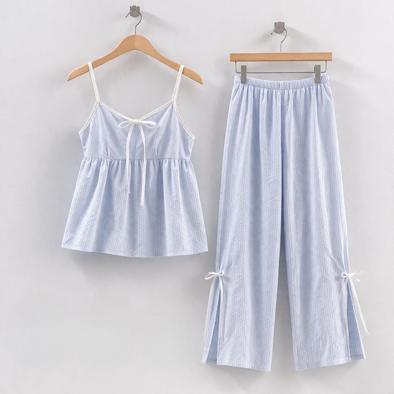 Puede incluir: Un conjunto de pijama a rayas azul claro y blanco. El conjunto incluye una camiseta sin mangas con lazo y tirantes finos, y pantalones de pernera ancha a juego. Los pantalones tienen lazos en los tobillos. El conjunto est&aacute; colgado en perchas de madera.
