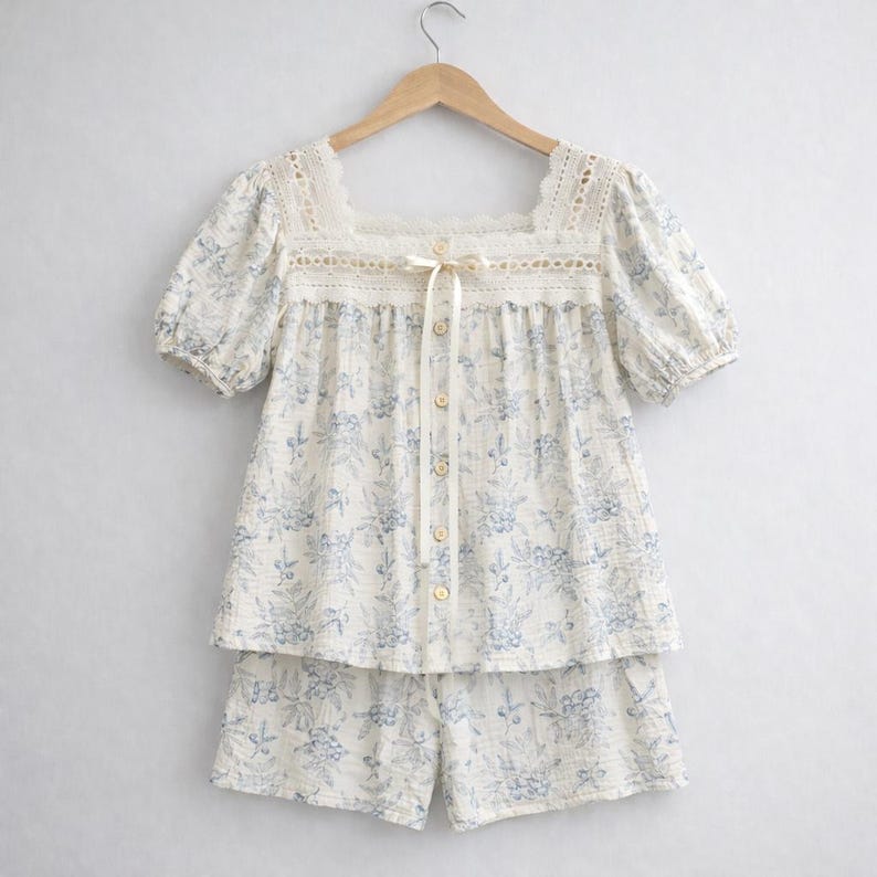 May include: A two-piece pajama set with a floral pattern in blue and white. The top has a square neckline with lace trim and a button-down front. The shorts have an elastic waistband. The set is hanging on a wooden hanger.