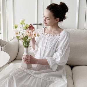 White Cotton Nightgown Dress, Romantic Lace Trim Loungewear, Cottagecore House Dress
