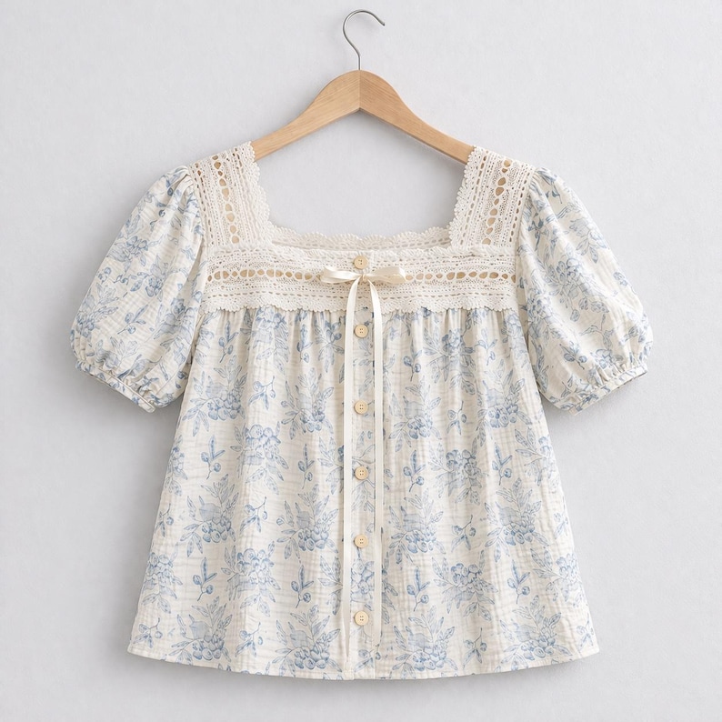 May include: A cream-colored blouse with a blue floral pattern and a square neckline. The blouse features short, puffy sleeves, a lace trim, and a row of buttons down the front. A cream-colored ribbon is tied at the neckline.