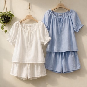 Korean Cotton Pajama Set, Puff Sleeve Tie Neck Top, Summer Loungewear, Breathable Sleepwear