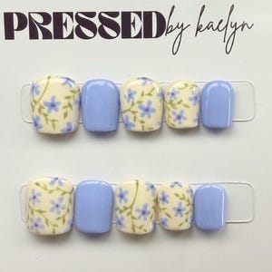 May include: A set of ten press-on nails labeled PRESSED by kaelyn, featuring a glossy finish. Five nails are solid light periwinkle blue, and five nails are cream-colored with a hand-painted pattern of small blue flowers and green vines.
