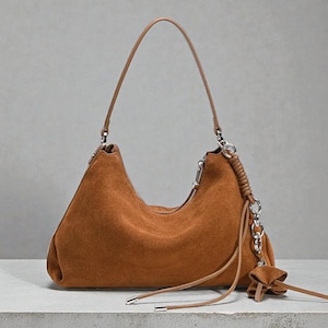 Genuine Suede Leather Shoulder Bag for Women - Luxury Handbag Purse, Retro Bag, Soft Cowhide Everyday Bag, Luxury Hand Bag Cowhide Purse