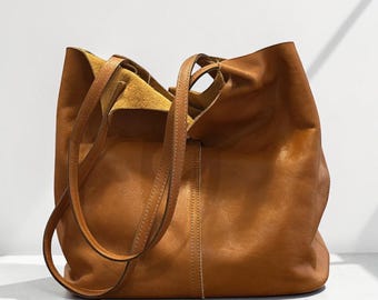 Handmade Genuine Leather Tote Bag Purse For Women Large Capacity Shoulder Hand Bag, First Layer Cowhide Handbag, Commuter Everyday Bag