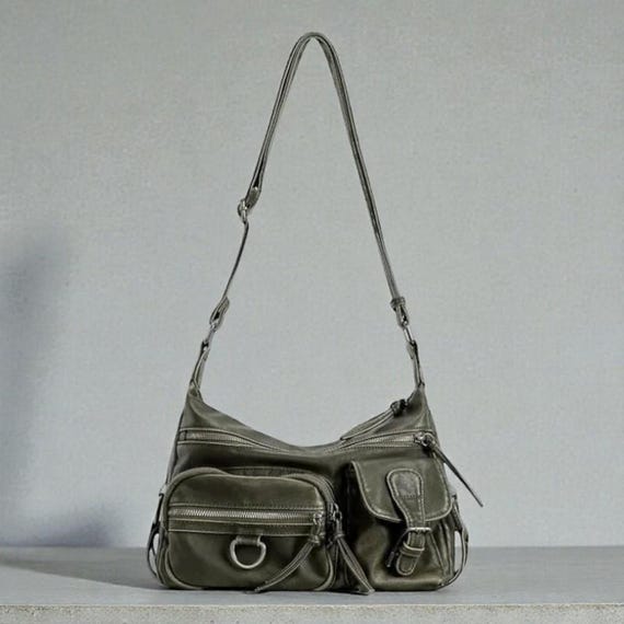 Y2K Women's Leather Shoulder Bag – Retro Multi Pocket Crossbody Bag, Handbag Purse, Y2K Motorcycle Style Hand Bag Purse, Leather Purse Bag