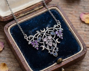 For Her, Wisteria Vine Choker Necklace, 925 Silver with Amethyst Moonstone & Sapphire, Elegant Everyday Gift Jewelry