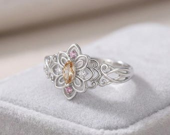Rococo & Art Nouveau style Mandala Flower Ring, 925 Silver with Multi-Color Gemstones, Polished Ornate Delicate Statement Accessory