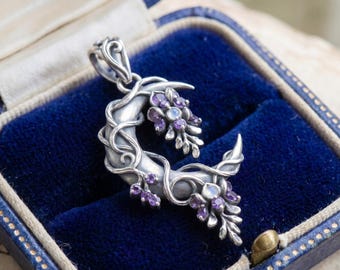 Indie design Wisteria Moon Pendant, 925 Silver with Moonstone & Amethyst, Vintage Romantic Everyday OOTD Necklace, Special gift choice