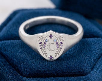 For Her, Wisteria Signet Ring, 925 Silver with Amethyst & Moonstone, Minimalist Vintage OOTD Jewelry, daily wear, special gift choice