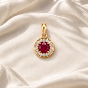 Vintage Milgrain Ruby Pendant 925 Silver 18K Gold Plated Round Halo Necklace, Classic Retro Jewelry Gift for Women,special design for her