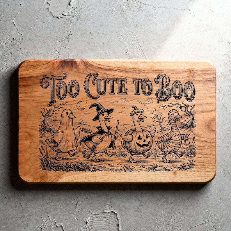 May include: A rectangular wooden cutting board featuring a laser-engraved illustration of four ducks in Halloween costumes. The text "TOO CUTE TO BOO" is centered at the top. The ducks are dressed as a ghost, a witch, a pumpkin, and a mummy.