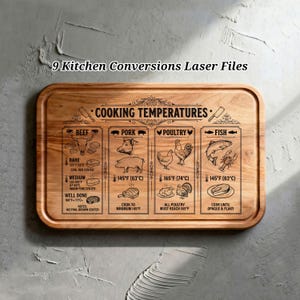 May include: Wooden cutting board with engraved cooking temperatures for beef, pork, poultry, and fish. Includes temperature guides for rare, medium, and well-done, with corresponding Fahrenheit and Celsius measurements. The text "9 Kitchen Conversions Laser Files" is at the top.