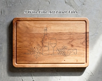9 archivos SVG de arte lineal de vino para láser, diseños para grabado de tablas de charcutería, Glowforge Xtool CNC