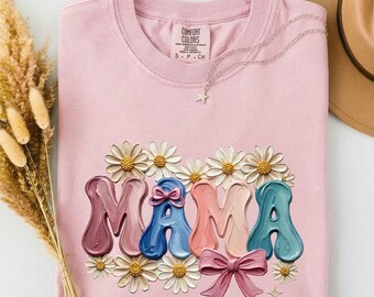 MAMA Daisy Bow Shirt | Comfort Colors 1717 | Floral Mom Graphic Tee