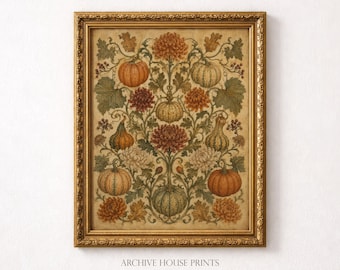Fall Pumpkin and Gourd Wall Art | Vintage Botanical Decor | Autumn Floral Harvest Tapestry Print | MAILED Print