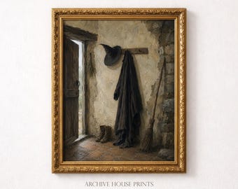 Vintage Witch Hat Halloween Wall Art | Moody Dark Academia Decor | Robe and Broom Rustic Autumn Cottagecore Print #1 | MAILED Print