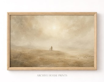Christian Wall Art | Minimalist Jesus & Sheep Print | Abstract Pastoral Landscape Church Decor | Soft Neutral Palette | MAILED Print