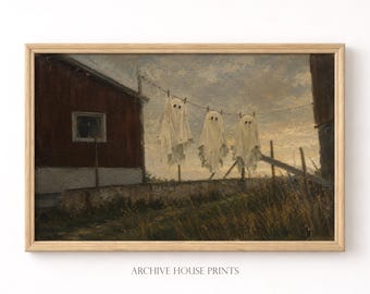 Vintage Ghosts on Clothesline Wall Art | Spooky Halloween Decor | Moody Autumn Art | Rustic Cottagecore Print #2 | MAILED Print