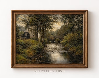 Rustic Creek Wall Art | Vintage Farmhouse Landscape Decor | Stone Bridge Watermill Scene Print | MAILED Print
