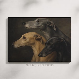 May include: A canvas print featuring three greyhounds in profile, with a dark background. The dogs are in shades of tan, grey, and black. The text "ARCHIVE HOUSE PRINTS" is at the bottom.