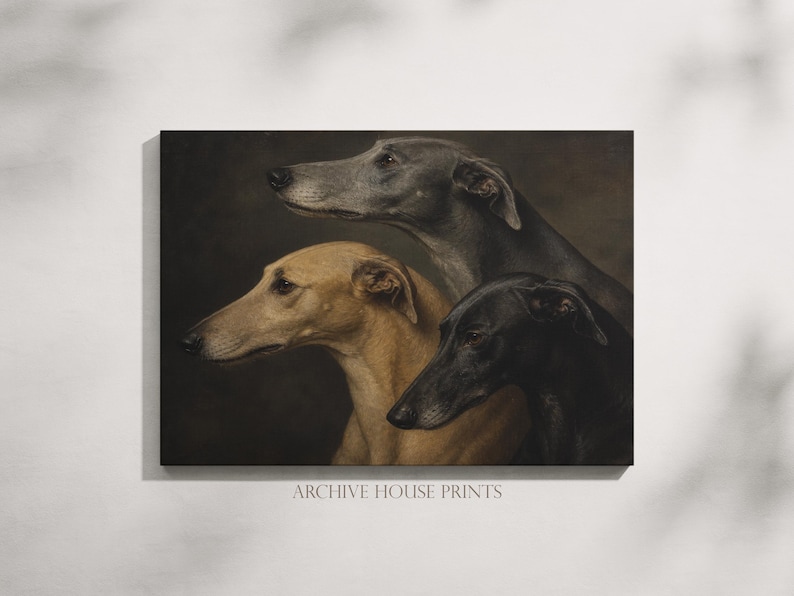 May include: A canvas print featuring three greyhounds in profile, with a dark background. The dogs are in shades of tan, grey, and black. The text "ARCHIVE HOUSE PRINTS" is at the bottom.