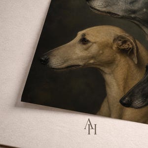 May include: A print featuring a portrait of three greyhounds. The dogs are depicted in profile, with varying shades of tan, grey, and black against a dark background. The print has a classic, artistic style.