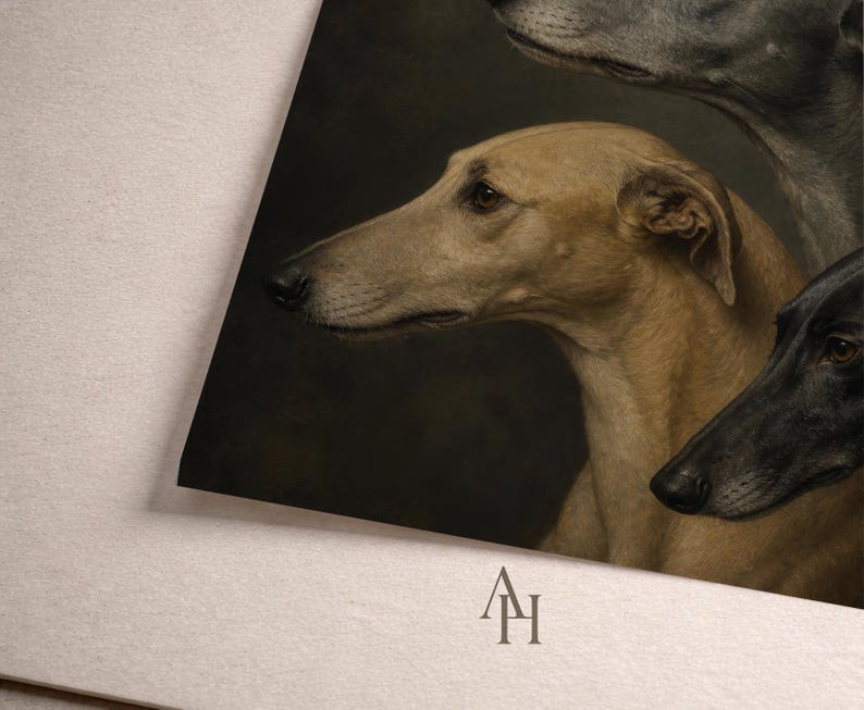 May include: A print featuring a portrait of three greyhounds. The dogs are depicted in profile, with varying shades of tan, grey, and black against a dark background. The print has a classic, artistic style.