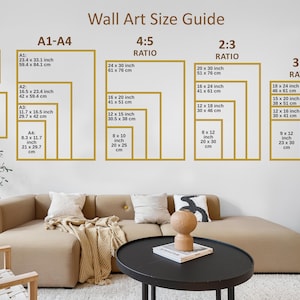 May include: A wall art size guide chart featuring brown outlines of various rectangular frame sizes labeled with dimensions in inches and centimeters. The chart includes categories for A1-A4, 4:5 ratio, 2:3 ratio, and 3:4 ratio, displaying standard print sizes like 5x7, 8x10, 16x20, and 24x30 inches.