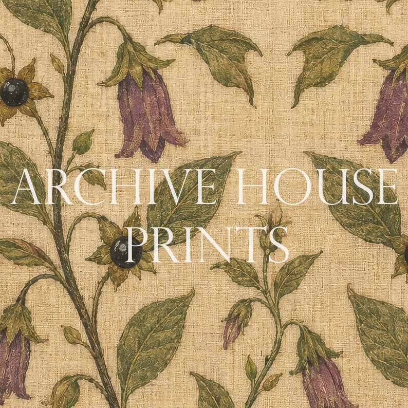 May include: A beige fabric featuring a repeating botanical pattern of purple bell-shaped flowers, green leaves, and small black berries. The text "ARCHIVE HOUSE PRINTS" is overlaid in white capital letters across the center of the floral design.