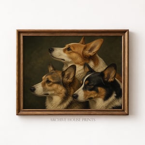 May include: A framed print featuring three Pembroke Welsh Corgi dogs in a classic portrait style. The dogs have brown, black, and white fur, with a dark green background. The frame is a dark brown color. The text "ARCHIVE HOUSE PRINTS" is at the bottom.