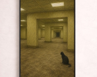 Black Cat in Backroom Wall Art | Yellow Liminal Space Print #1 | Surreal Oil Pastel Drawing Hallway Decor | MAILED Print
