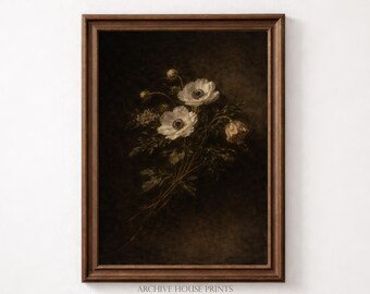 Vintage Anemones Wall Art | Old World Botanical Decor | White Anemone Bouquet Print | MAILED Print