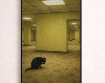 Black Cat in Backroom Wall Art | Yellow Liminal Space Print #2 | Surreal Oil Pastel Drawing Hallway Decor | MAILED Print
