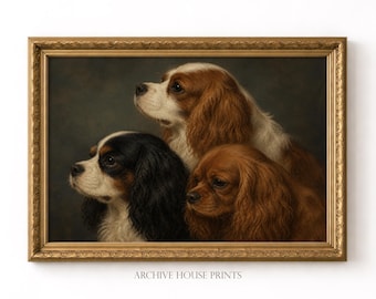 Vintage Cavalier Spaniel Wall Art | Classic Dog Portrait Decor | Victorian King Charles Trio Oil Painting Print | MAILED Print