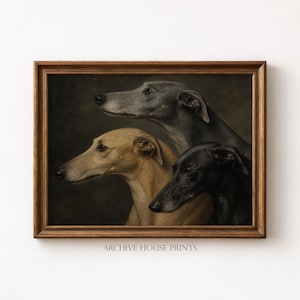 May include: A framed print featuring three greyhounds in profile. The dogs are depicted in shades of grey, tan, and black against a dark background. The wooden frame surrounds the artwork. The text "ARCHIVE HOUSE PRINTS" is at the bottom.