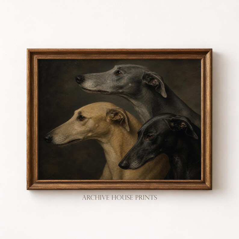 May include: A framed print featuring three greyhounds in profile. The dogs are depicted in shades of grey, tan, and black against a dark background. The wooden frame surrounds the artwork. The text "ARCHIVE HOUSE PRINTS" is at the bottom.