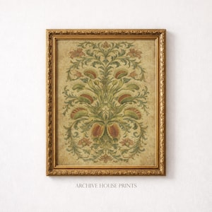 May include: A framed botanical print with a gold ornate frame. The print features a symmetrical design of green leaves and red and orange flower-like shapes on a beige background. The text "ARCHIVE HOUSE PRINTS" is at the bottom.