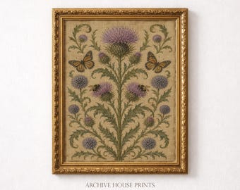 Scottish Thistle Wall Art | Antique Botanical Decor | Butterfly and Bumblebee Print | MAILED Print