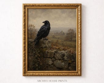 Vintage Raven Wall Art | Gothic Halloween Decor | Dark Academia Raven on Old Stone Wall Print | MAILED Print