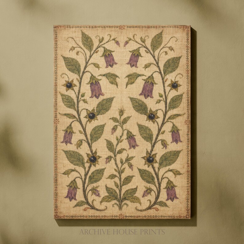 May include: A rectangular wall art print on a textured beige background featuring a symmetrical botanical illustration of purple bell-shaped flowers, green leaves, and small dark berries. The print includes a decorative border and the text Archive House Prints.